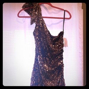 Bronze sequin one shoulder cocktail party dress